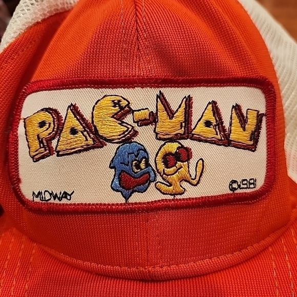 Vtg 1981 Pac-Man Snap Back Trucker Hat Cap Computer Gamers Orange White - Picture 8 of 9